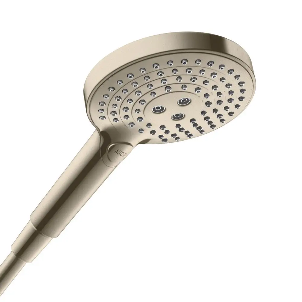 Handbrause von AXOR mit runder Kopfteilgestaltung, mehreren Düsen für verschiedene Strahlarten und einem ergonomischen Griff, in gebürstetem Nickel-Finish.